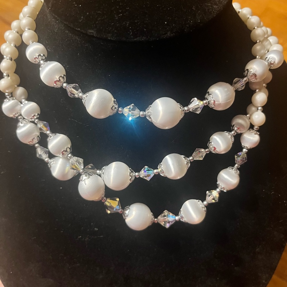 Vintage 50s 60s Gorgeous “Moonglow” Faux Pearl Crystal Necklace Made in Japan